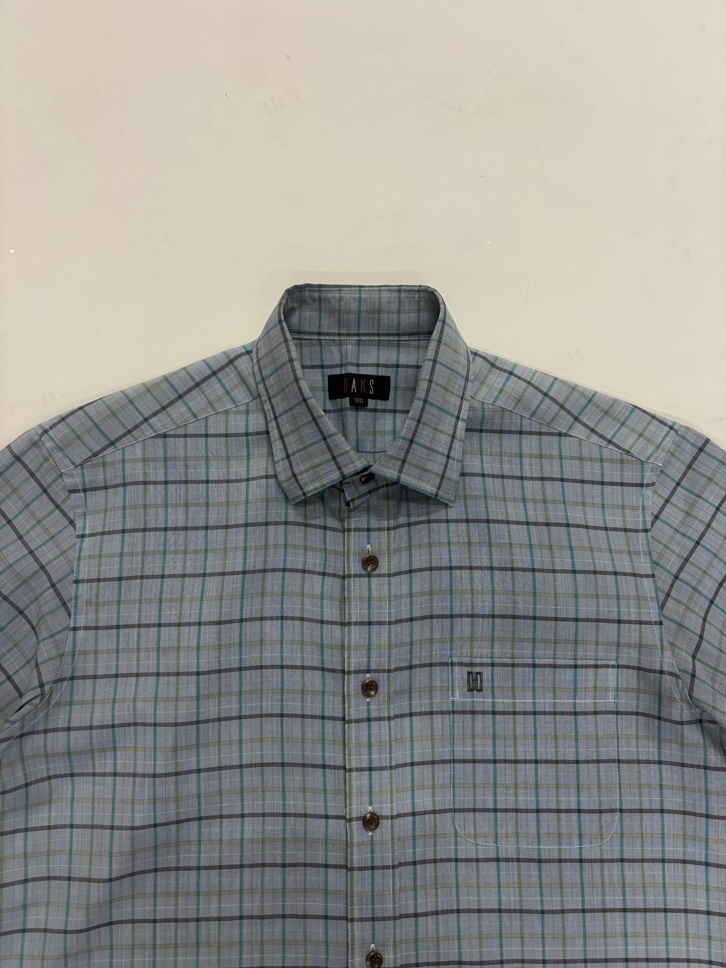 DAKS Men's Grey Blue Checkered Short Sleeve Button-Down Shirt