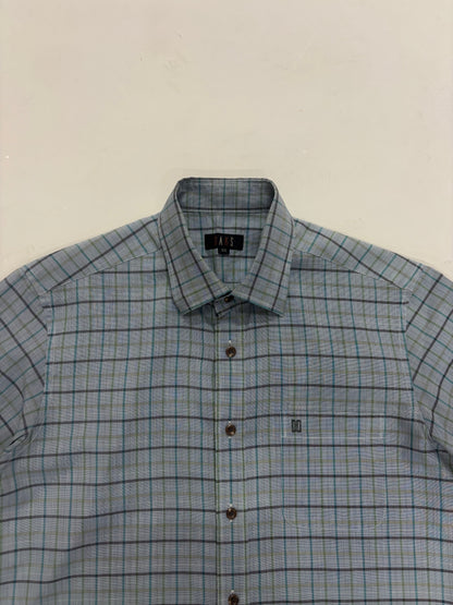 DAKS Men's Grey Blue Checkered Short Sleeve Button-Down Shirt
