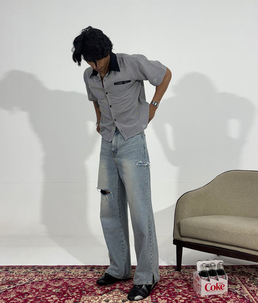 Men's Light Wash Distressed Wide-Leg Denim