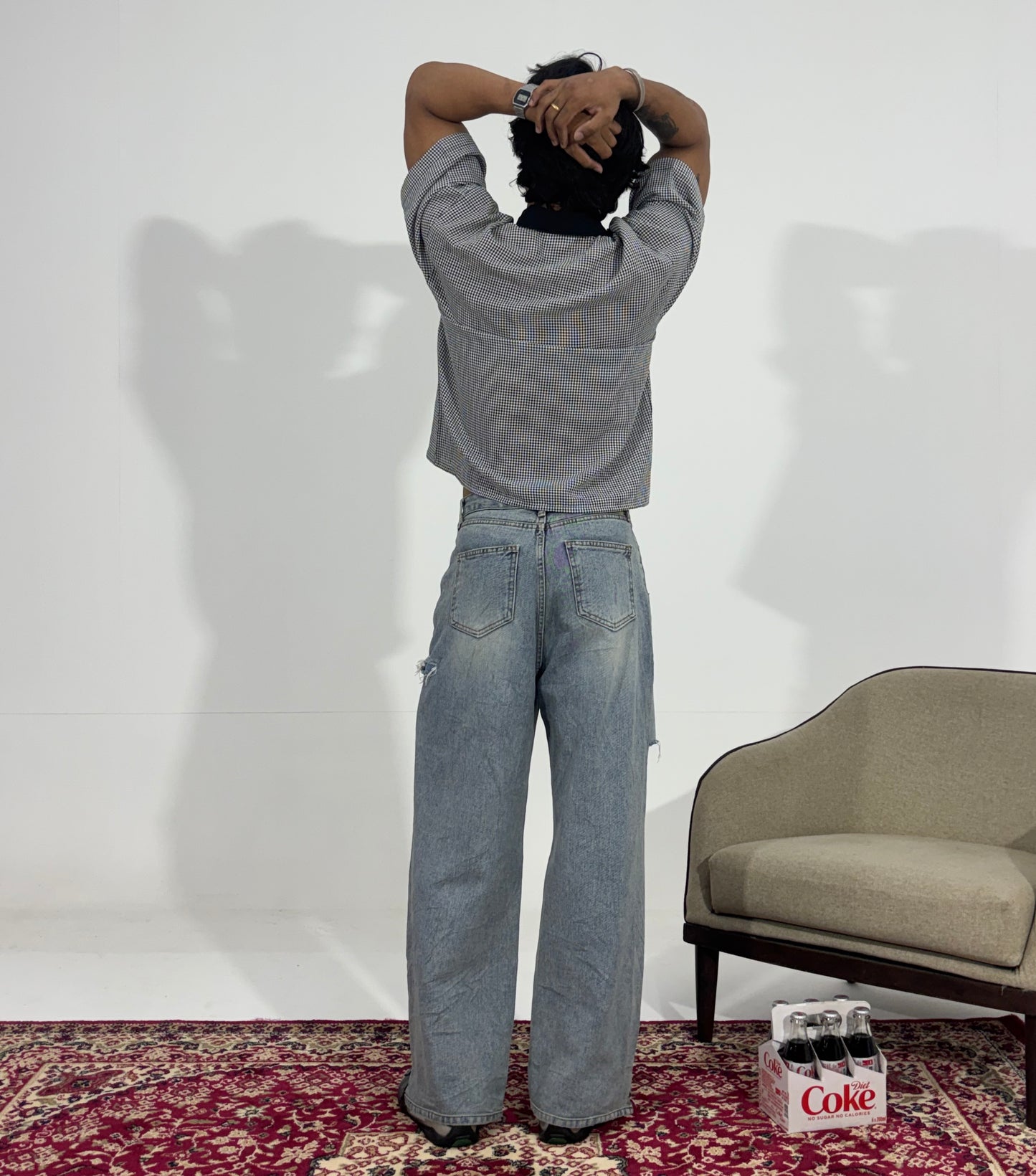 Men's Light Wash Distressed Wide-Leg Denim