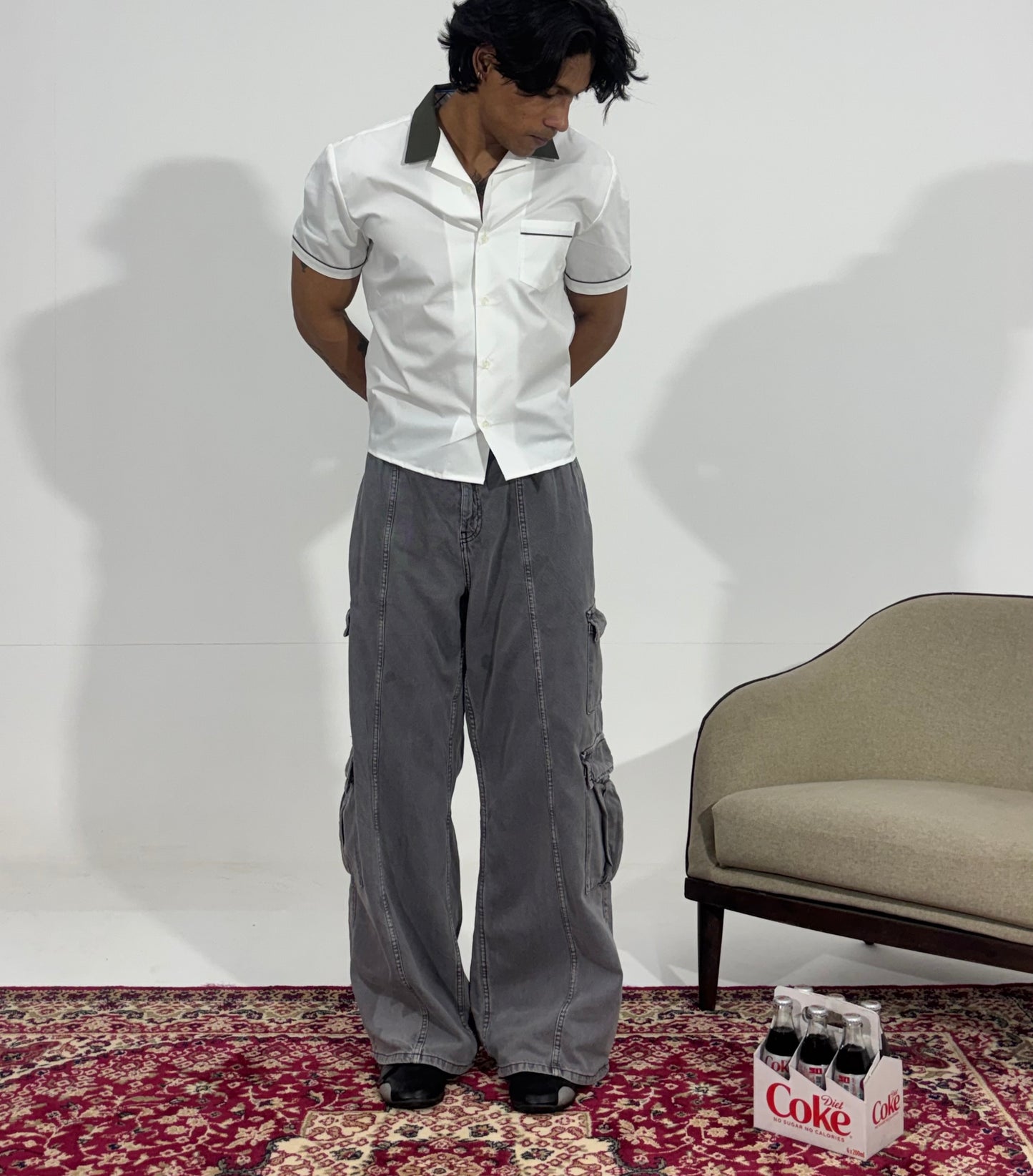 Men's Charcoal Wide-Leg Cargo Jeans