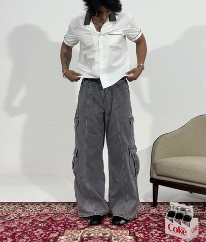 Men's Charcoal Wide-Leg Cargo Jeans