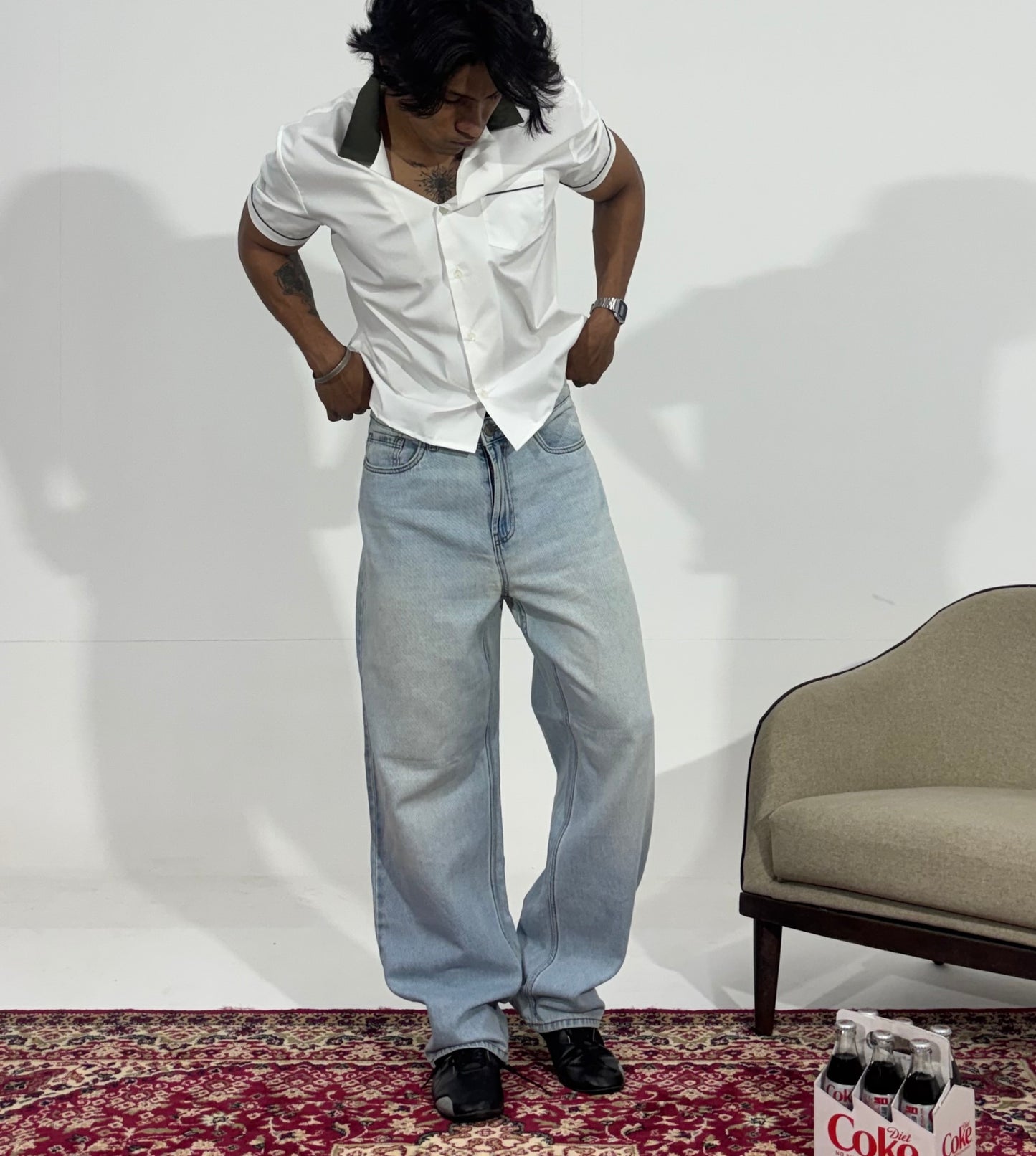 Men's Ice Blue Oversized Wide-Leg Denim