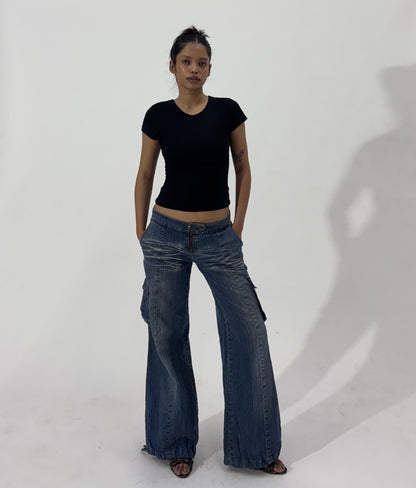 Women's Y2K Low-Rise Wide Leg Cargo Jeans with Drawstring Hem
