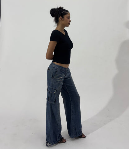 Women's Y2K Low-Rise Wide Leg Cargo Jeans with Drawstring Hem