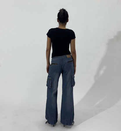 Women's Y2K Low-Rise Wide Leg Cargo Jeans with Drawstring Hem