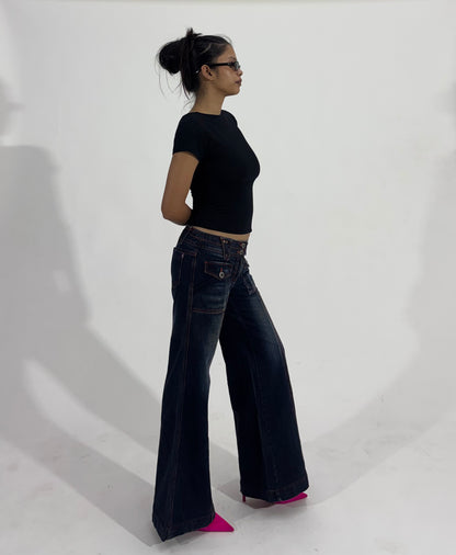 Dark Wash Low-Rise Wide Leg Cargo Women's Jeans