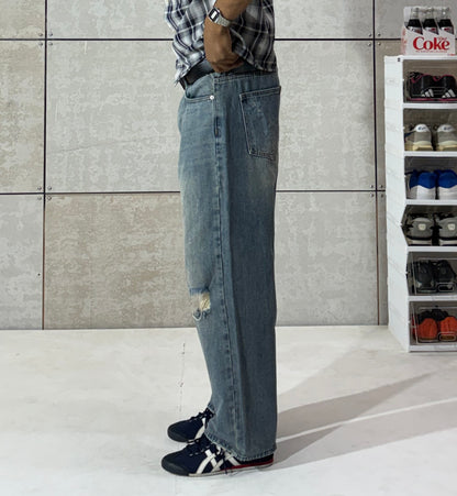 Men's Vintage Distressed Wide Leg Denim