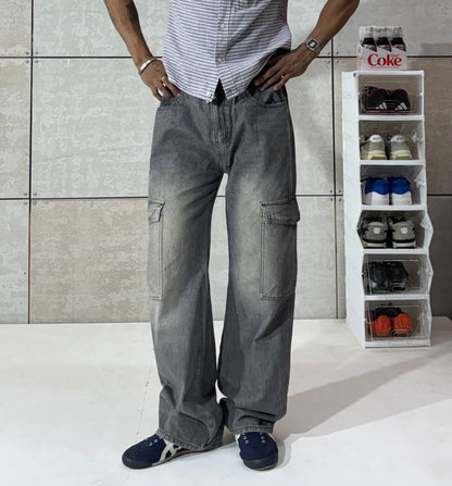 Men's Washed Grey Cargo Wide Leg Denim