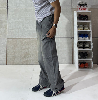 Men's Washed Grey Cargo Wide Leg Denim