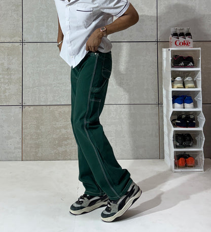 Men's Forest Green Wide-Leg Cargo Denim – Y2K Utility Jeans
