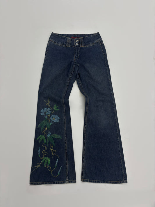 Women’s Dark Wash Flare Jeans with Floral Artwork