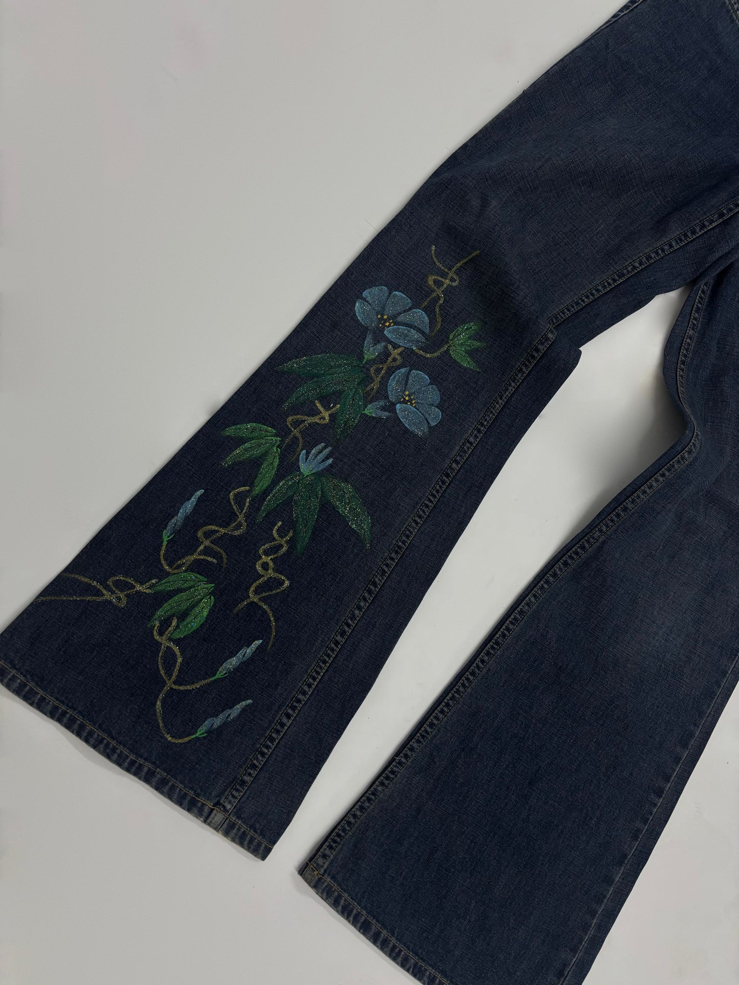 Women’s Dark Wash Flare Jeans with Floral Artwork