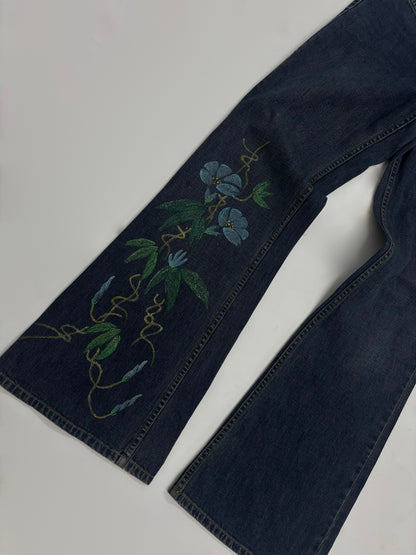 Women’s Dark Wash Flare Jeans with Floral Artwork