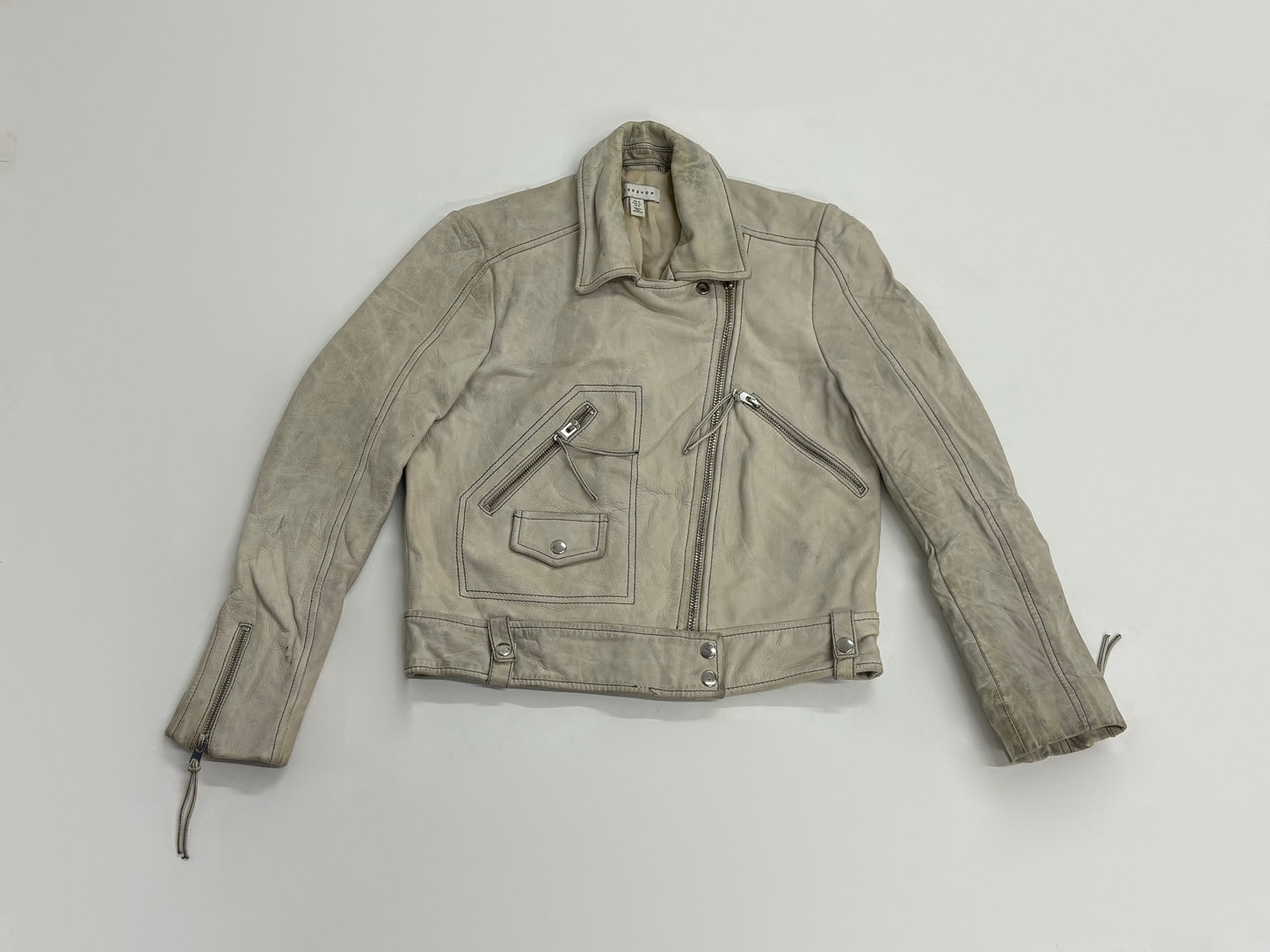 Vintage Unisex Cream Leather Biker Jacket