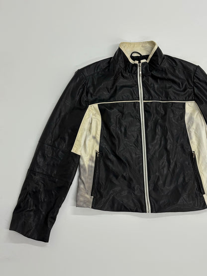 Vintage Unisex Black & Cream Leather Moto Jacket