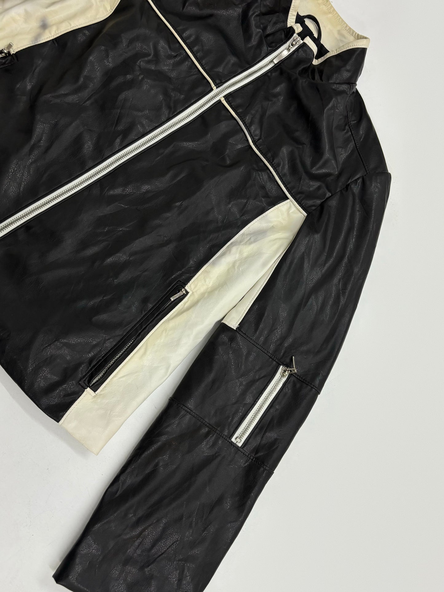 Vintage Unisex Black & Cream Leather Moto Jacket