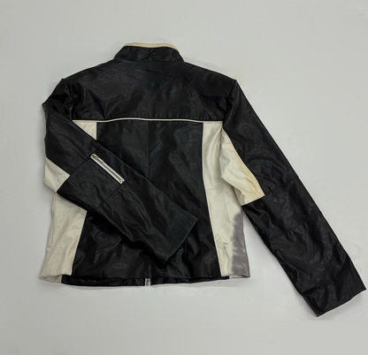 Vintage Unisex Black & Cream Leather Moto Jacket