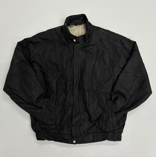 Vintage Unisex Black Leather Stand Collar Jacket