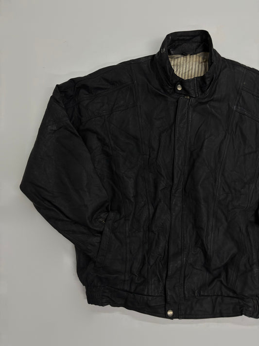 Vintage Unisex Black Leather Stand Collar Jacket