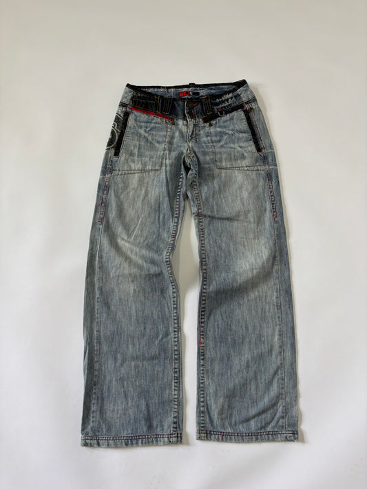 Heavy belted light wash vintage women's denim