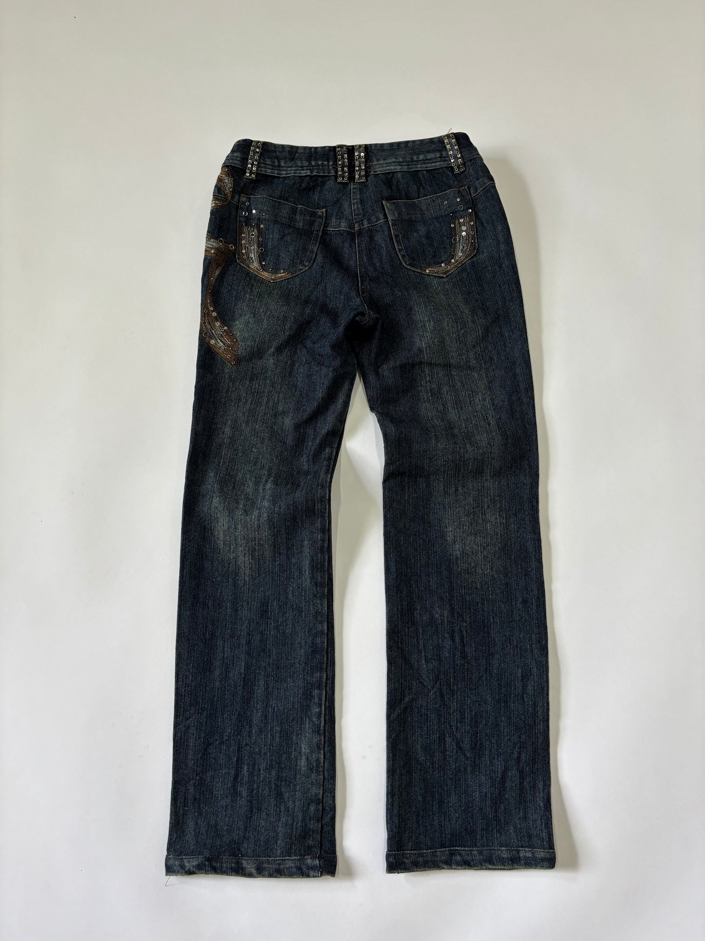 Dark ribbon detailed straight cut jeans