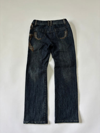 Dark ribbon detailed straight cut jeans
