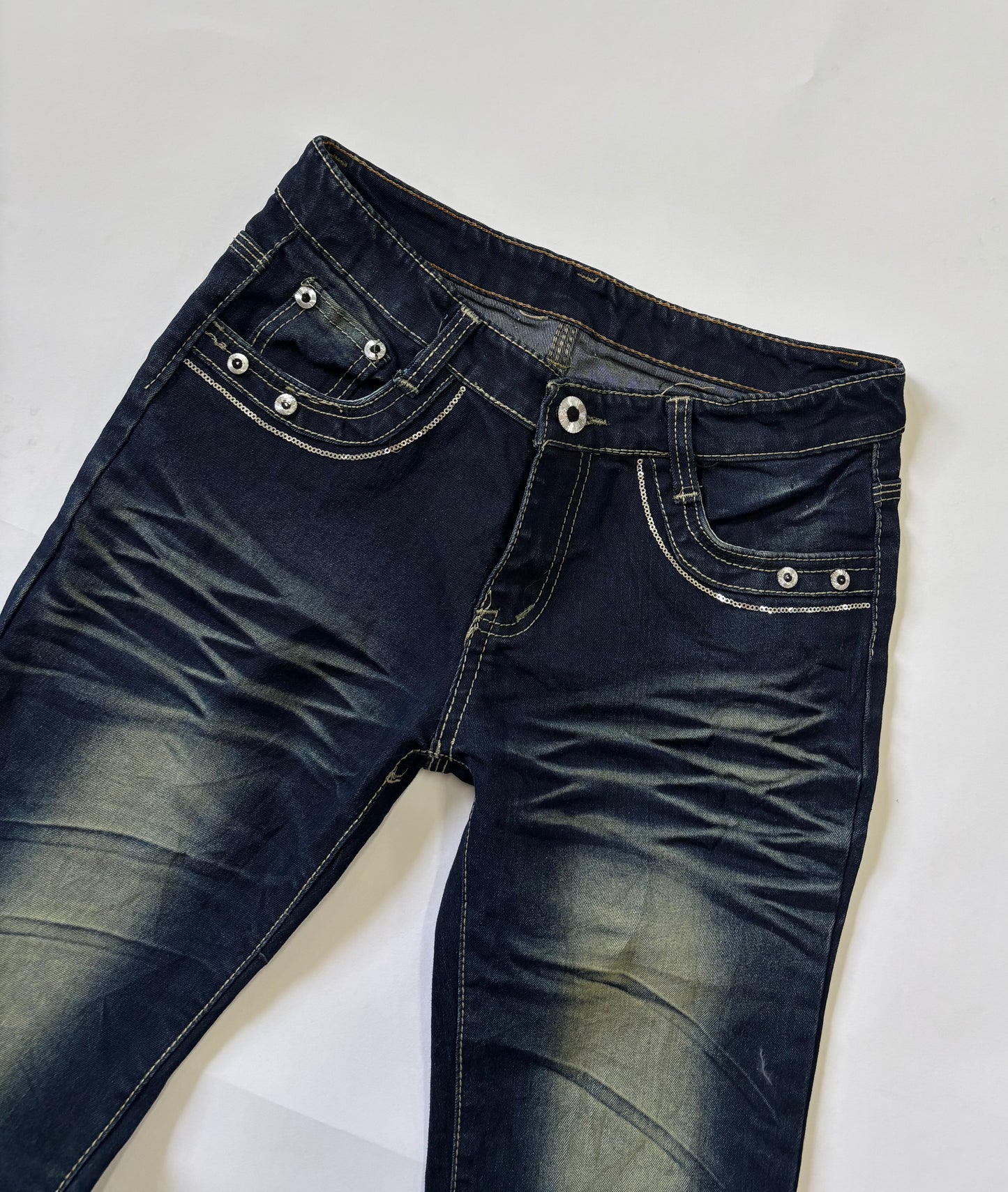 Dark Wash Bootcut Jeans with Heavy Whiskering