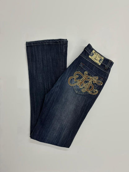 Vintage Embroidered Pocket Bootcut Denim Jeans