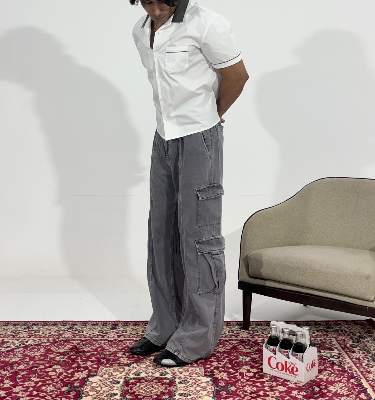 Vintage Men's Washed Grey Utility Cargo Denim