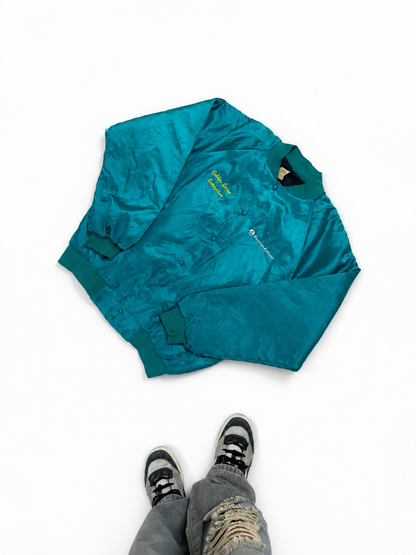 Vintage Teal Satin Bomber Jacket – Embroidered Snap-Front Windbreaker