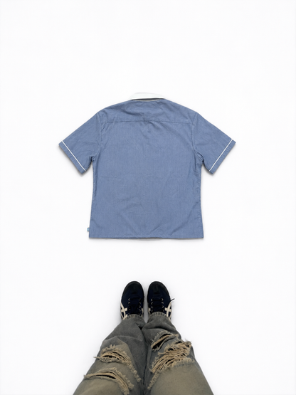 Boys Light Blue Short Sleeve Casual Shirt with Contrast Collar & Crest Pocket Detail
