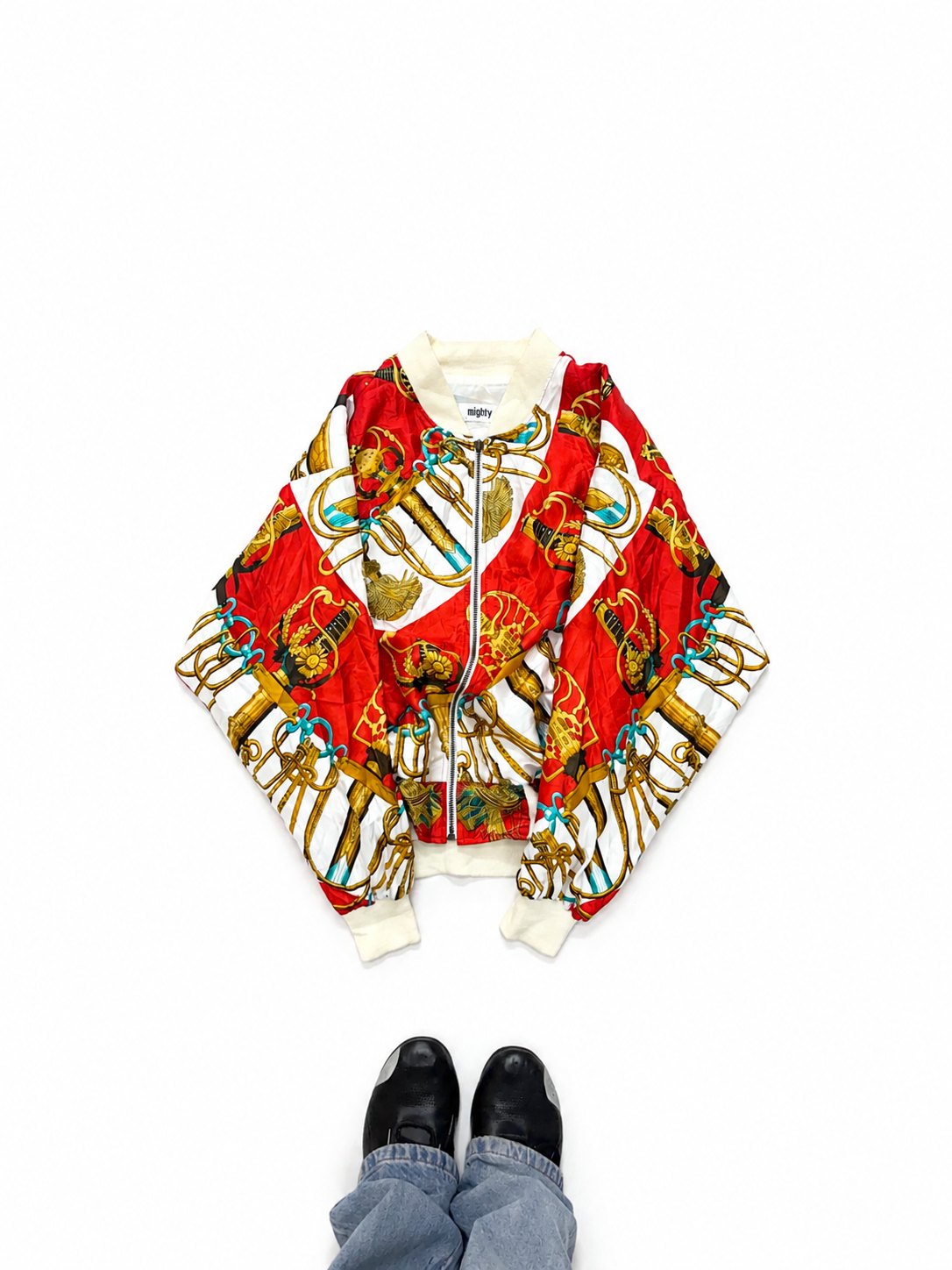 Vintage Unisex Baroque Chain Print Bomber Jacket – Red & White Statement Zip-Up