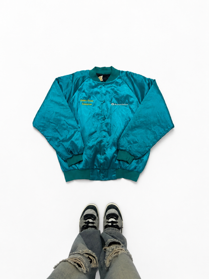 Vintage Teal Satin Bomber Jacket – Embroidered Snap-Front Windbreaker