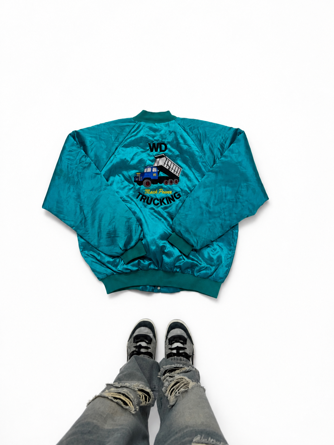 Vintage Teal Satin Bomber Jacket – Embroidered Snap-Front Windbreaker