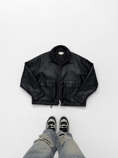 Black Leather Zip-Up Jacket with Utility Pockets