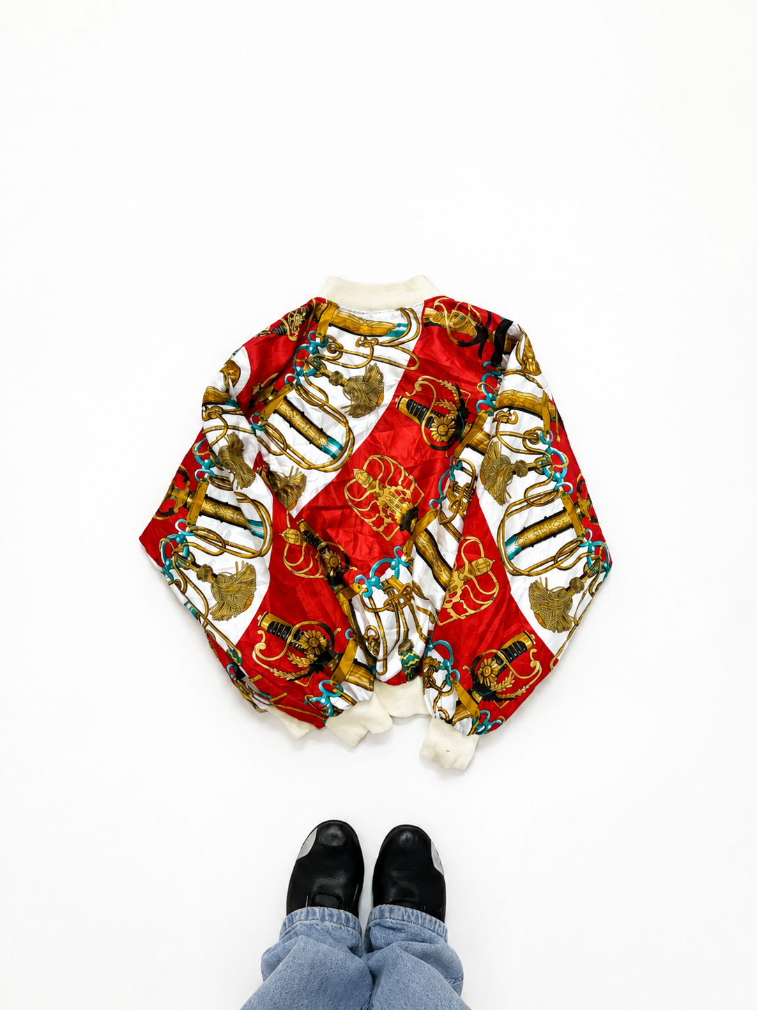 Vintage Unisex Baroque Chain Print Bomber Jacket – Red & White Statement Zip-Up