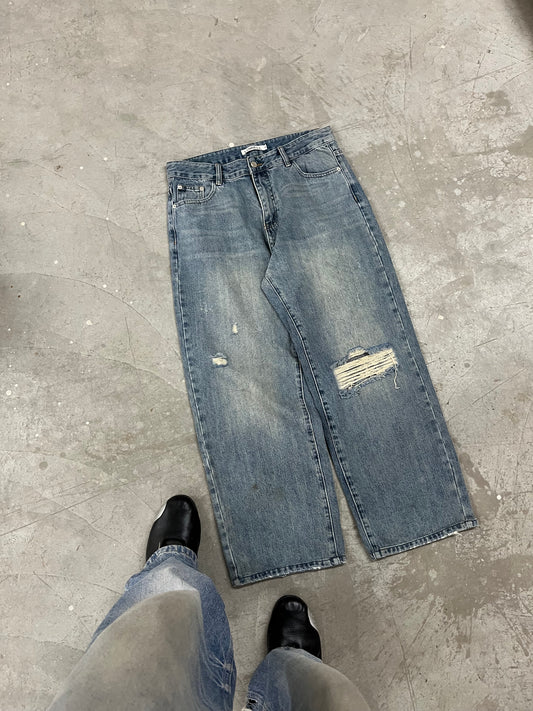 Distressed Wide Leg Blue Denim