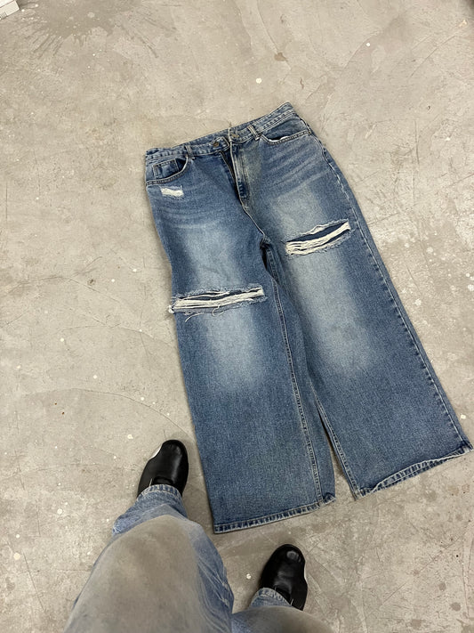 Distressed Washed Blue Wide-Leg Denim