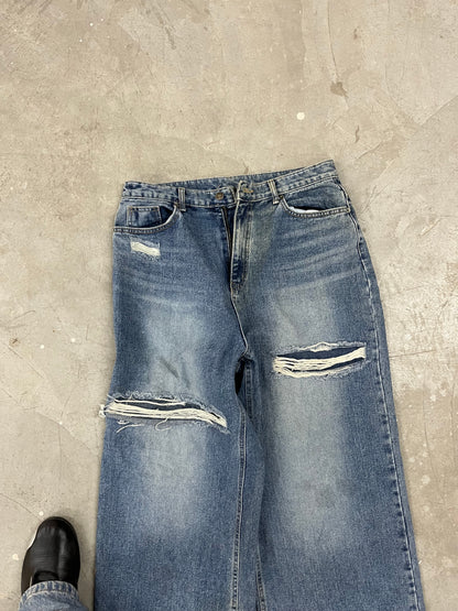 Distressed Washed Blue Wide-Leg Denim