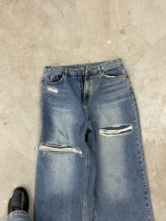 Distressed Washed Blue Wide-Leg Denim