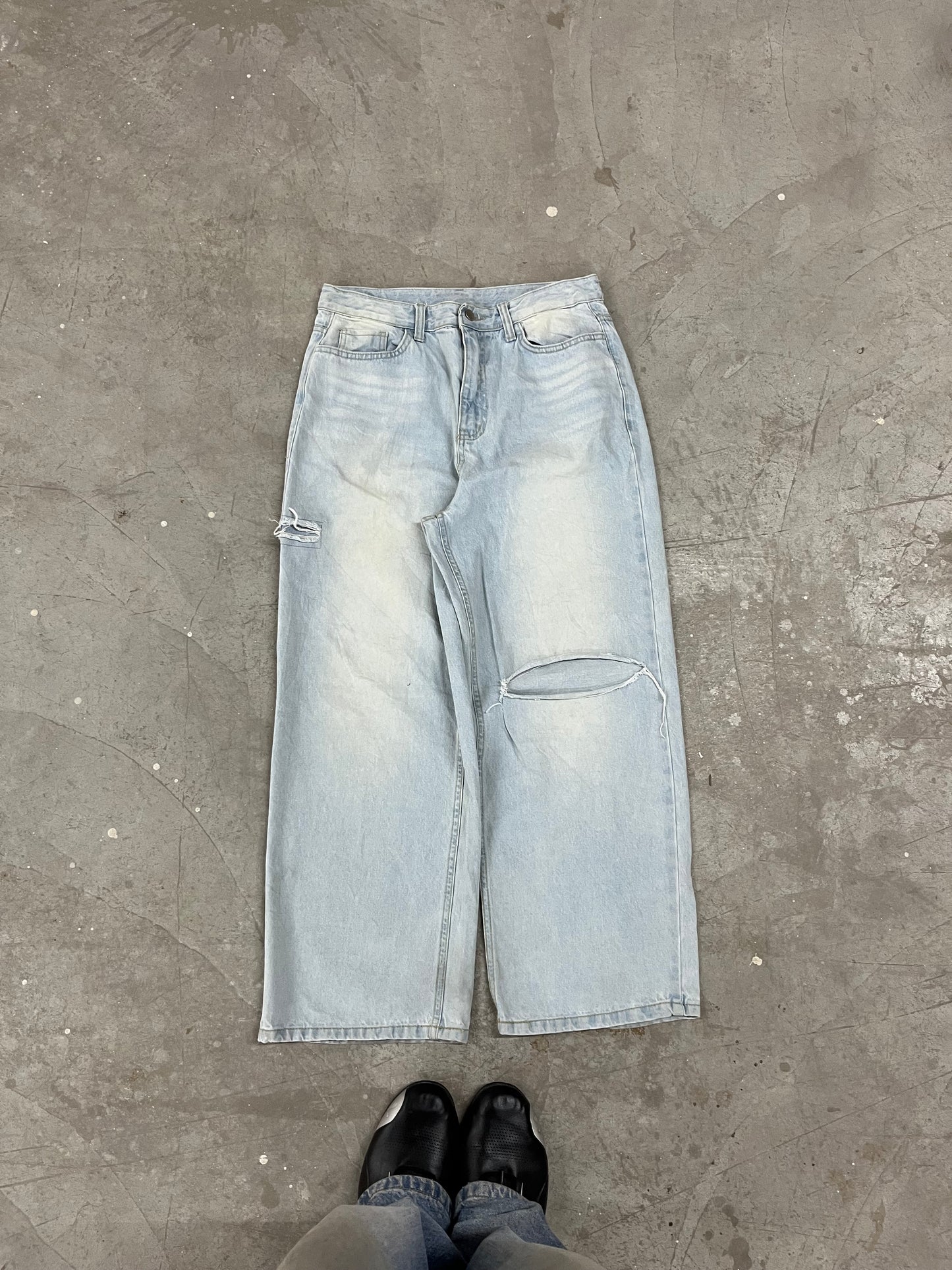 Vintage Ice Wash Distressed Wide-Leg Denim