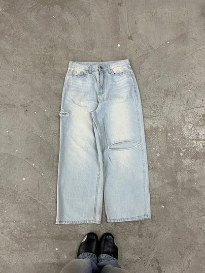 Vintage Ice Wash Distressed Wide-Leg Denim