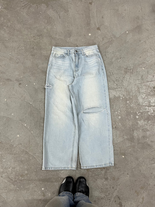 Vintage Ice Wash Distressed Wide-Leg Denim