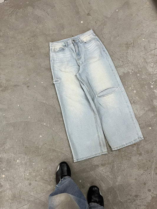 Vintage Ice Wash Distressed Wide-Leg Denim
