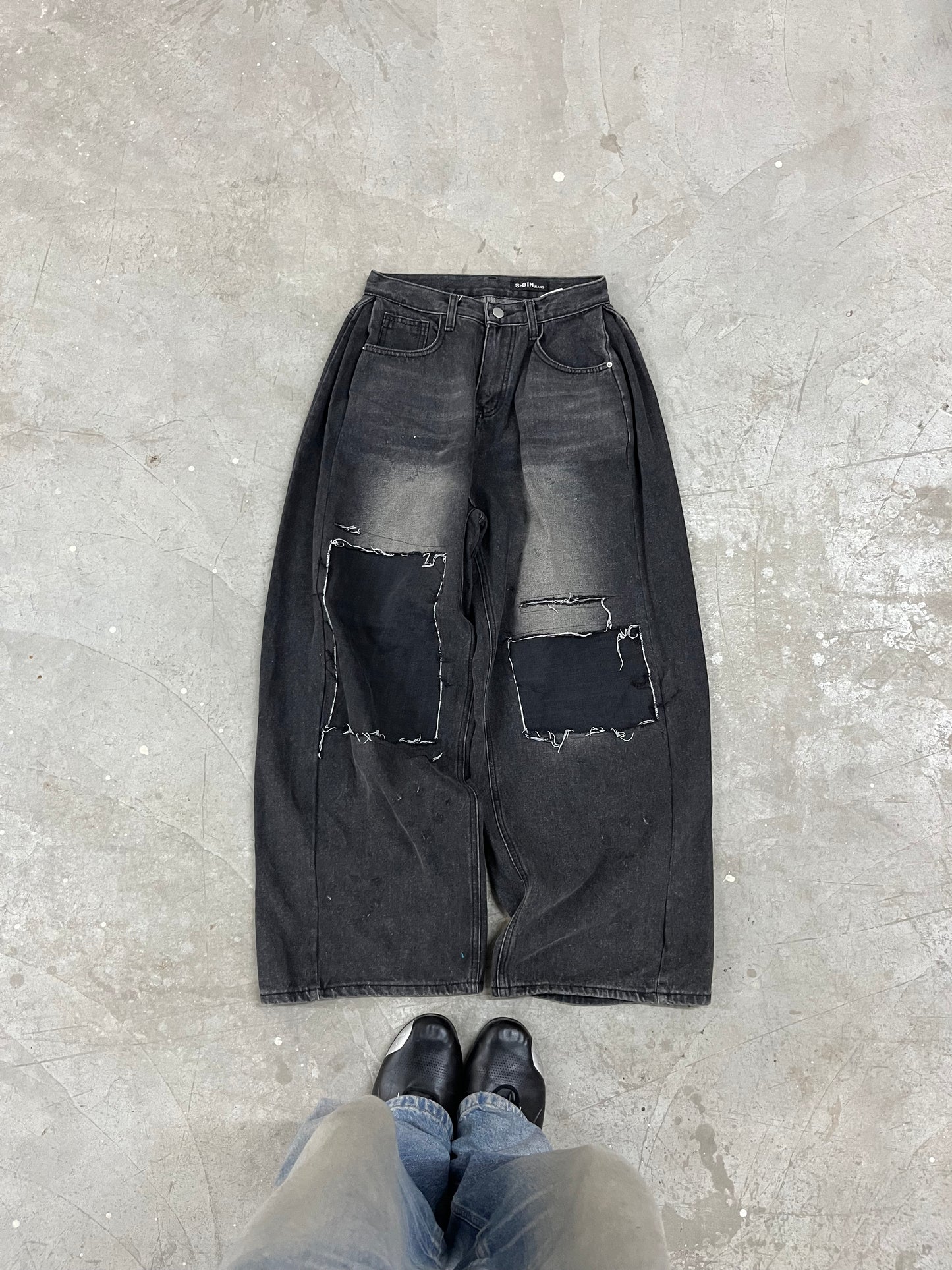 Vintage Washed Black Patchwork Wide-Leg Denim