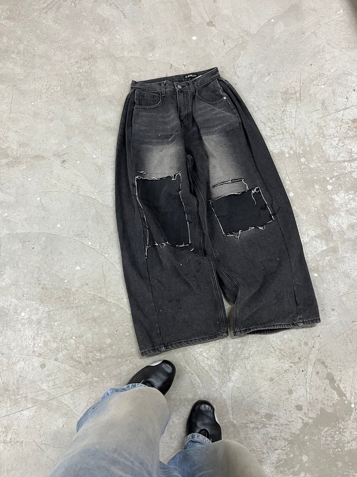 Vintage Washed Black Patchwork Wide-Leg Denim